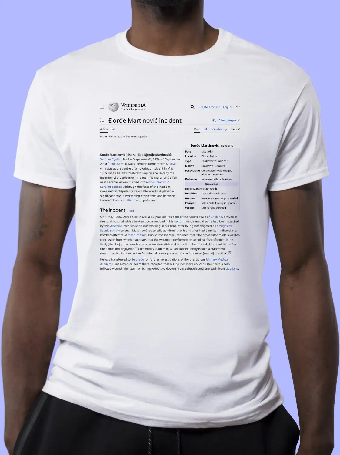 a templated white tshirt design with the dorde martinovic incident wikipedia article printed on the front